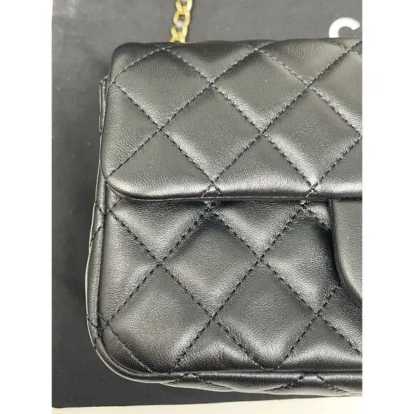 CHANEL 22S Black Mini Rectangle Pearl Crush Braid Gold Ball Flap Bag Unused - Picture 15 of 16